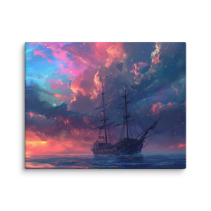Ship on the ocean with colorful sky