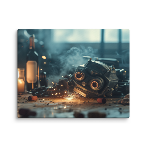 Drunk robot with vine on a table