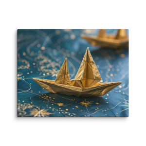 Origami caravel on a blue map