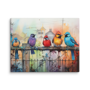 Painting of birds in a city