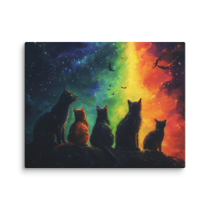 Cats looking at a rainbow sky