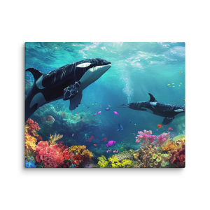Orcas in a coral reef