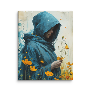 Woman with a blue cape and flowers