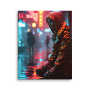 Woman sitting in futuristic city